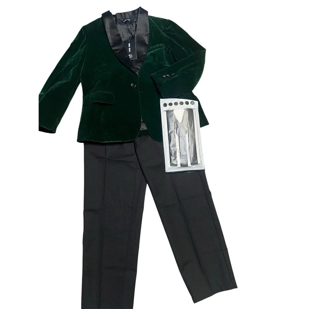 Boys' Suit Set Size 8 KIDS Green Velvet Tuxedo w Suspenders for Wedding Suit